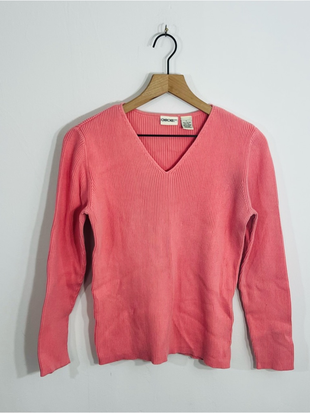 Cherokee Cotton Pullover Long Sleeve Ribbed V Neck Beautiful Pink Sweater